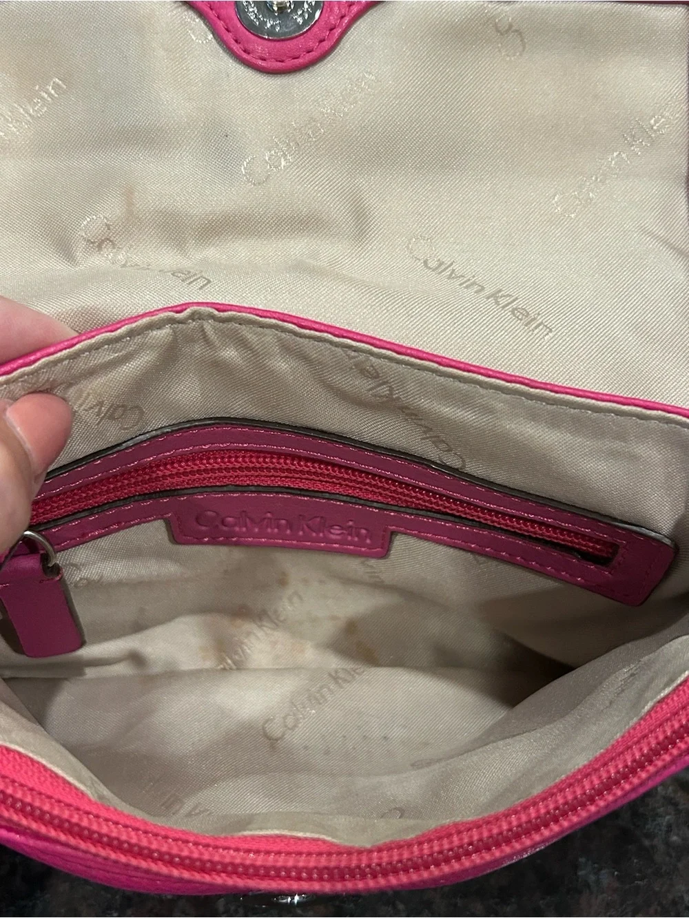 Calvin Klein Hot Pink Leather Crossbody with Silver Chain